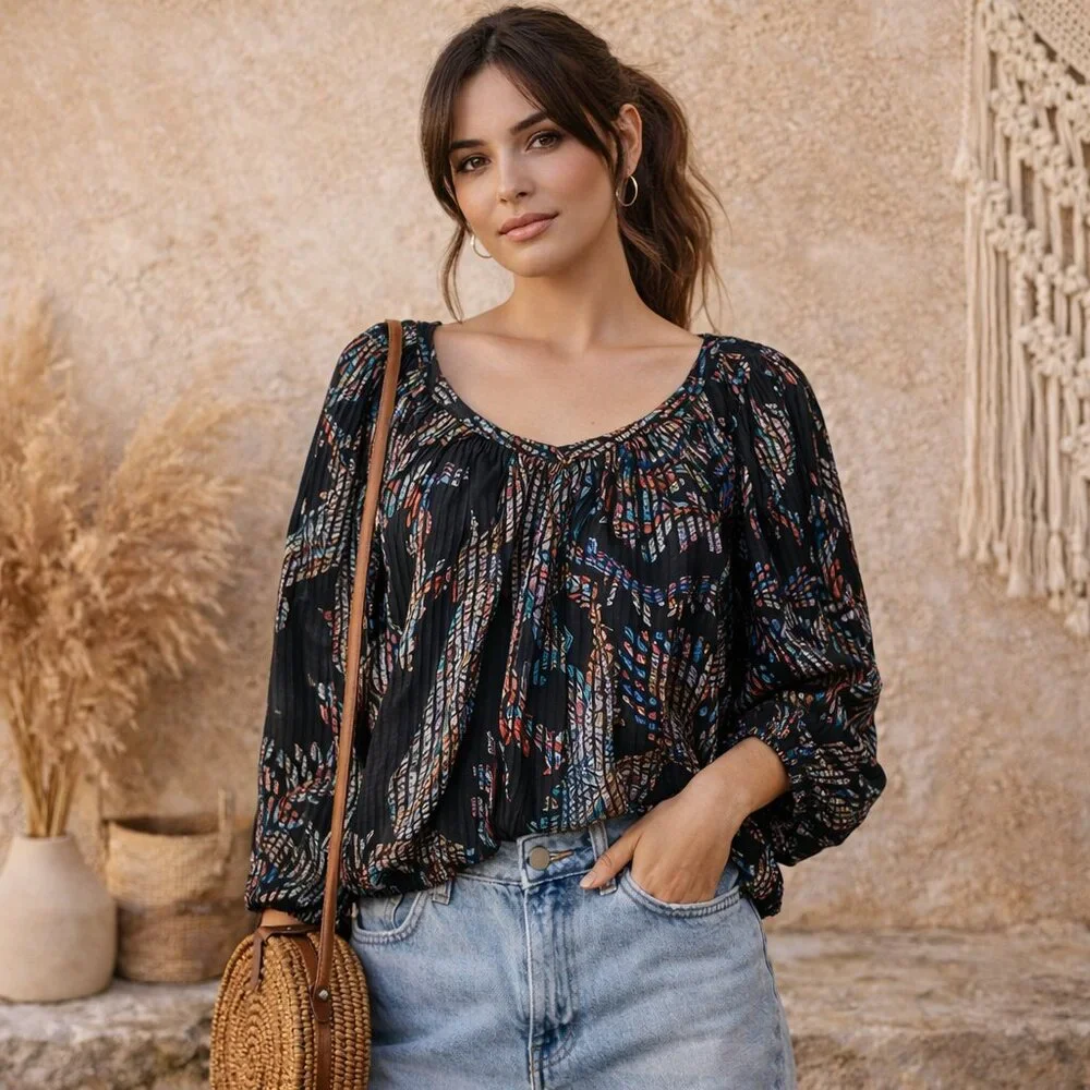 Maeve Anthropologie Top Boho Peasant Blouse Black Abstract SZXS Casual Relaxed